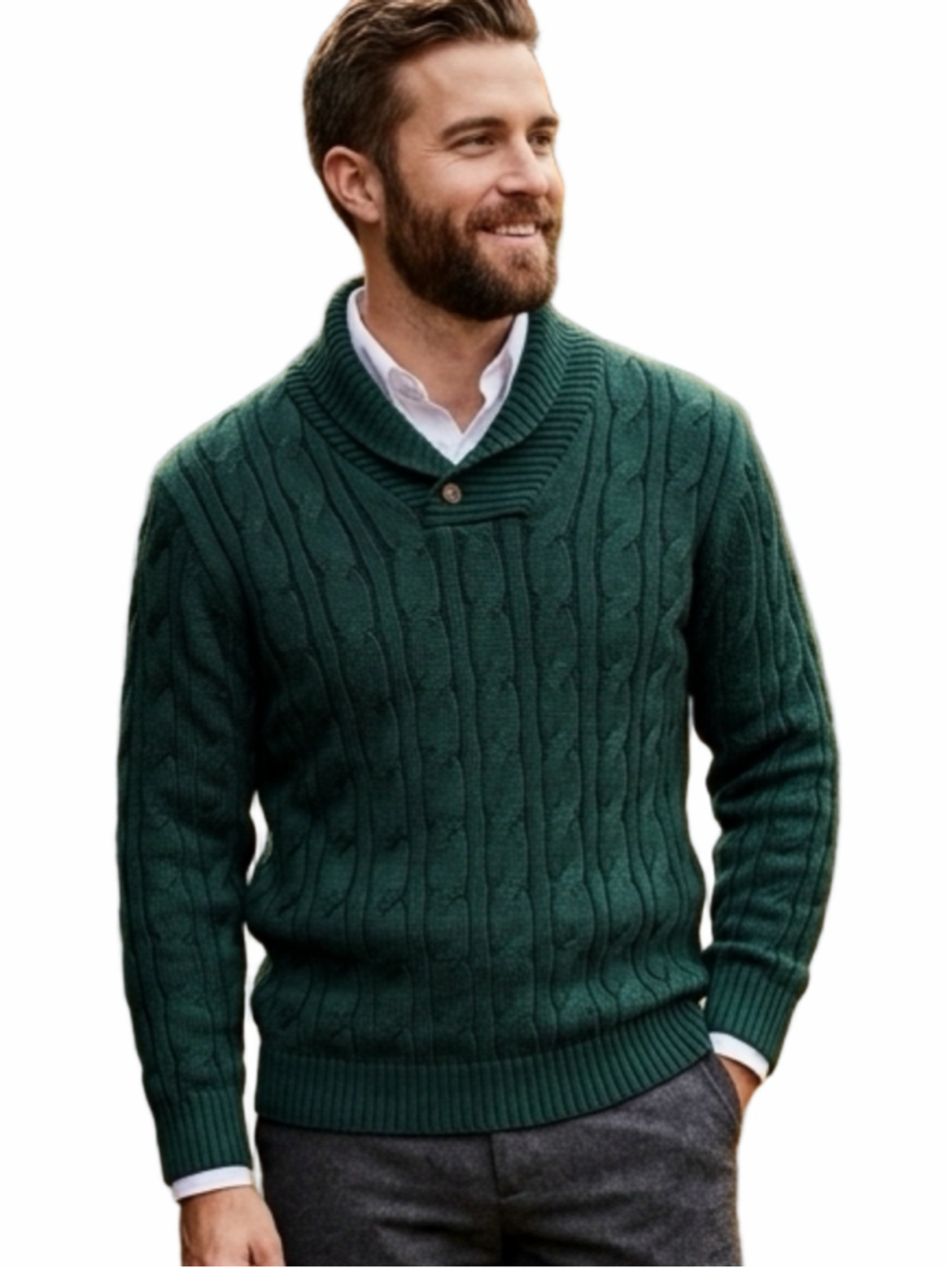 Vintage mens XL Green Cable Knit Shawl Collar Sweater Men Academic Pullover 1410
